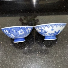 Vintage Japanese porcelain rice bowls footed blue & white set of 2 Made In Japan