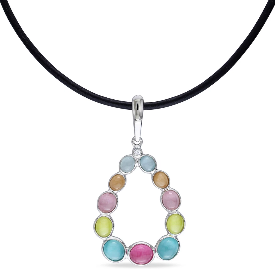 Amour Silver многоцветный созданный кошачий глаз каплевидный кулон с черным кожаным шнуром