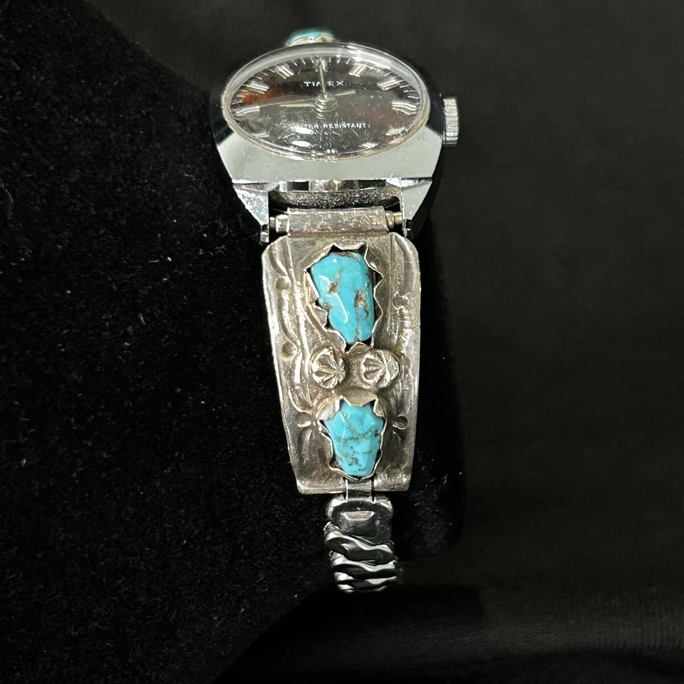 Navajo Sterling Silver Turquoise Watch Timex Band 925 - image 2 of 4