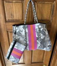 Neoprene Tote Bag Gray with Pink Orange stripe and Matching Pouch NWOT Camo