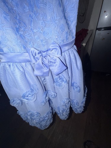 Handmade Girls Formal Blue Lace Dress Sleeveless Satin Bow Back Zipper Size 10 
