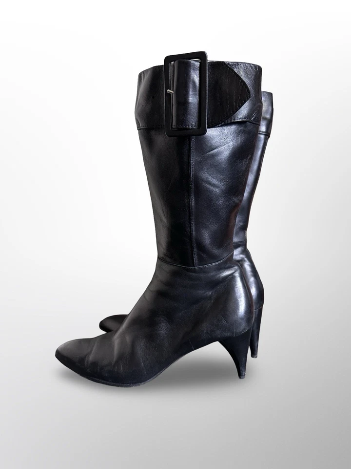 Botas negras vintage Y2K Disfraz Nacional con cinturón media pantorrilla punta de aguja punta 39 Foto 4 de 4