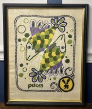 Vintage 1970s Crewel Astrology Embroidery Art Zodiac Pisces Framed 15 X 12 Vintage 1970s Crewel Astrology Embroidery Art Zodiac Pisces Framed 15 X 12