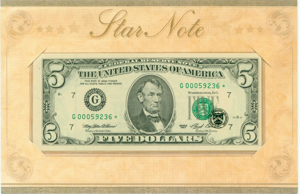 1993    5 Dollar bill  "G STAR"  ( BEP )  World paper money currency banknotes. - Image 2 of 3