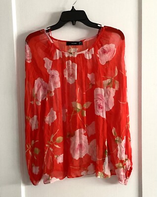 NWOT HALLHUBER Red Floral  3/4 Sleeve Chiffon Blouse Top US Size 4 / Small