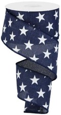 Stars on Royal, Patriotic, White Stars on Navy Blue Royal Burlap, Wired Ribbon,