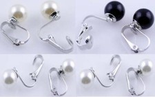 1 Pair Silvertone U Clip On Faux,Imitation Pearl Round Stud Earrings,Non-Pierced