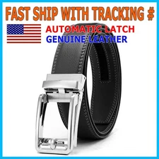 Men's Belt Genuine Leather Ratchet Belt Automatic Silver Buckle 1.37inch Width