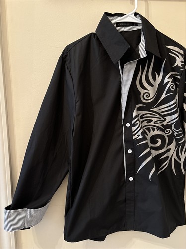 Jeansian Mens Black Silver Button Down Long Sleeve Shirt L Tribal Art Tattoo - Picture 6 of 12