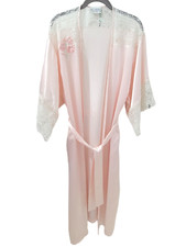 Val Mode Lingerie Full Length Kimono Robe Womens Medium Pink Satin Lace Floral