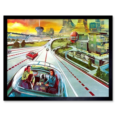 Zeichnung Futuristisch 1974 Autopilot Auto 12x16 Zoll Gerahmter Kunstdruck