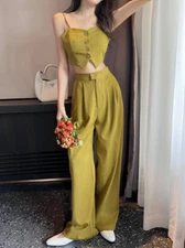 Vintage Fashion Two-piece Suit Sleeveless Crop Tops + High Waist Wide Leg Pants