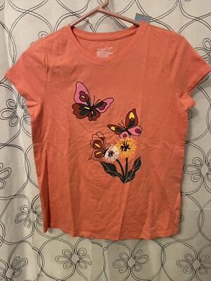 Cat & Jack Girls Dark Peach Butterfly Short Sleeve Shirt Size L (10/12) Plus