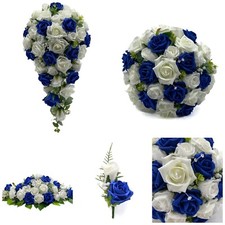 Silk Artificial Wedding Flower Package Royal Blue & Ivory Roses Bouquet Corsage