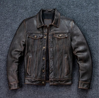 Men's Lambskin Distressed Trucker Jacket Black Vintage Style Leather Jacket