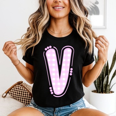 V Monogramm Buchstabe Initiale Damen T-Shirt Gingham Muster Deko Tee