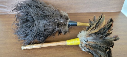Vintage Real Feather Duster Lot Of 2 One Asian Ostrich Feathers