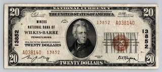 $20 1929 CH#13852 Wilkes Barre Pennsylvania National Currency Note Brown Seal