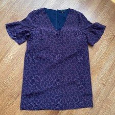 Madewell 100% Silk Size 12 Dress Bell Flutter Sleeve Mini Purple Navy Clover