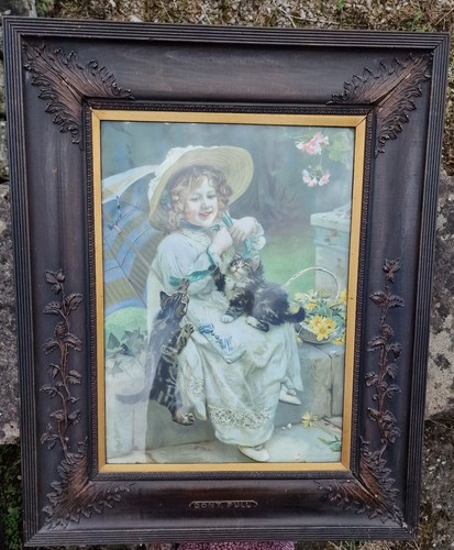 Antique Edwardian Arthur J Elsley Print Girl with Kittens Carved Wood Frame