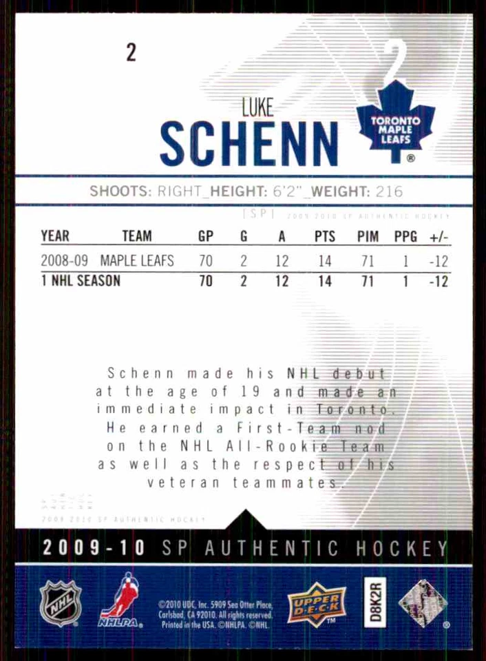 2009-10 SP AUTHENTIC LUKE SCHENN #2 - Image 2 of 2