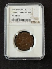1976 Bulgaria 1 Lev Uprising Anniversary Bronze Coin Km 94 NGC MS63 BN