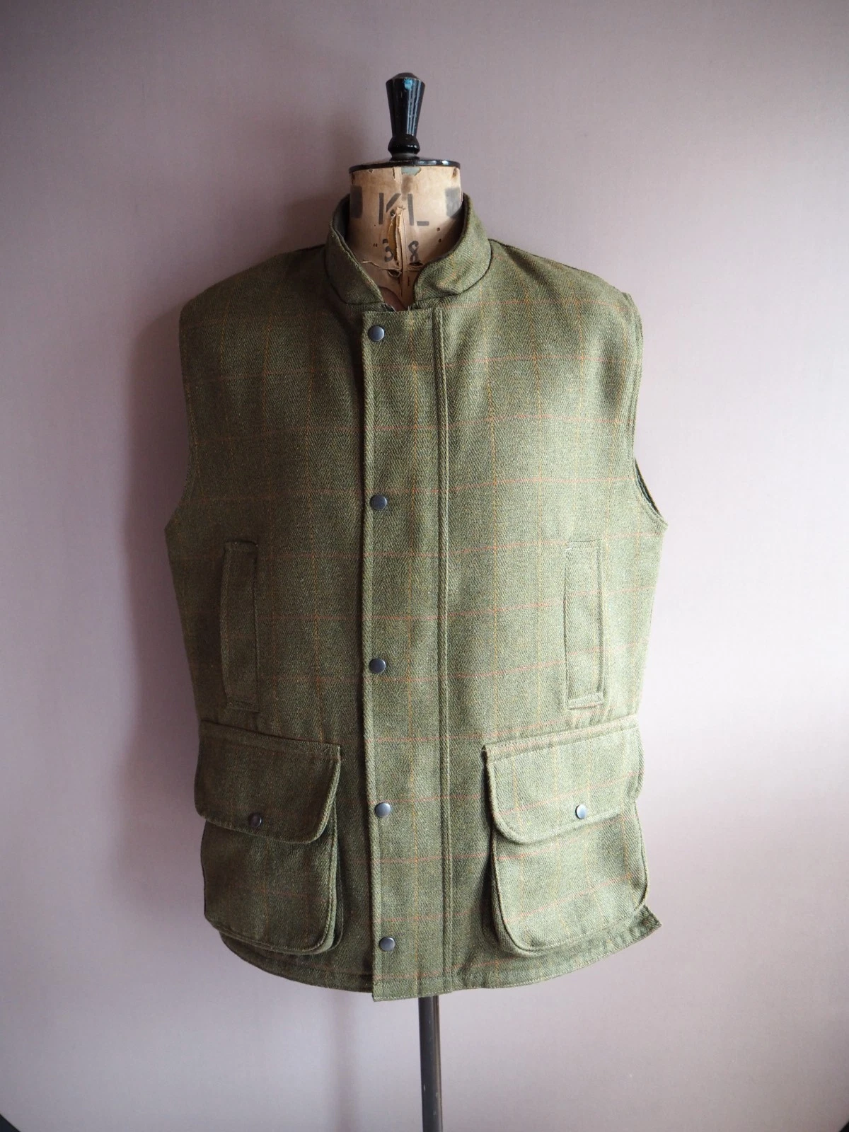 Saddle Tweed Vest Jacket Mens XL Green Herringbone Check Shooting Hunting UK
