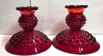 Fenton Ruby Red Amberina Hobnail Candle Holders Sticks 3.75'' Tall Partial Glow