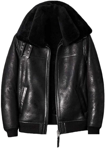 Męska czarna kurtka bomberka B3 Flight Fur Shearling Aviator Skóra owcza Skórzany płaszcz - Zdjęcie 1 z 8