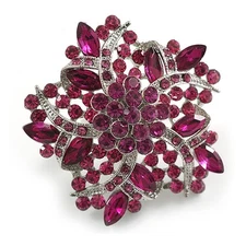 Large Magenta Crystal Layered Flower Cocktail Ring in Silver Tone - Adjustable