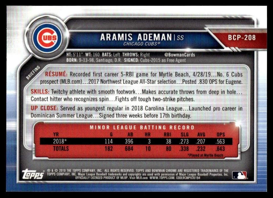 2019 Bowman Chrome Prospects Purple Shimmer Refractor Aramis Ademan Chicago Cubs - Image 2 of 2
