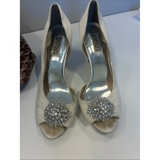 Badgley Mischka Ivory Satin Peep-Toe Heels with Crystal Brooch