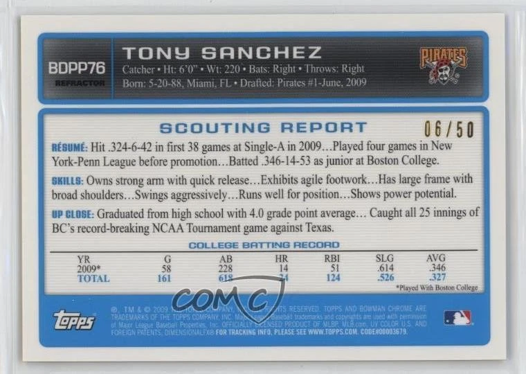 2009 Bowman Draft Prospects Chrome Gold Refractor /50 Tony Sanchez #BDPP76 Auto - Image 2 of 2