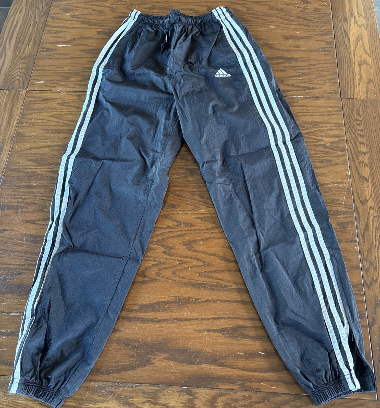 Adidas 3-Stripe Nylon Track Pants Black White Windbreaker Joggers Small