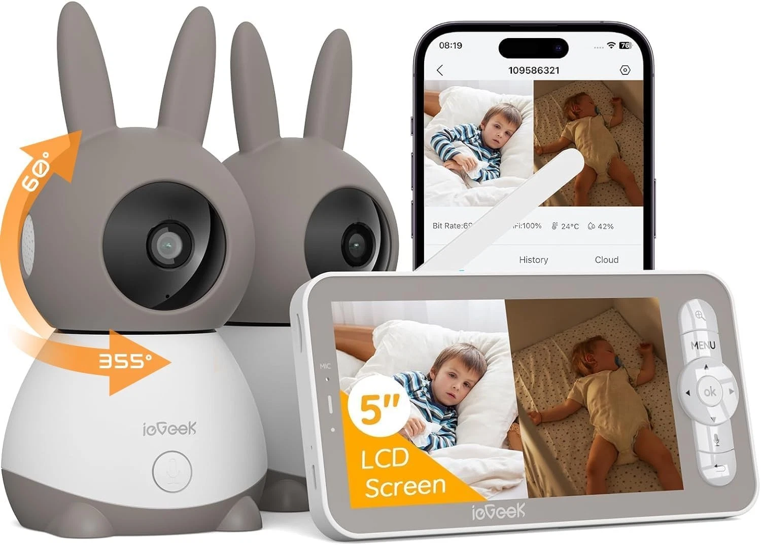 ieGeek 2K WiFi Split-Screen Baby Monitor, 5" Audio Baby Monitor with 2 Cameras
