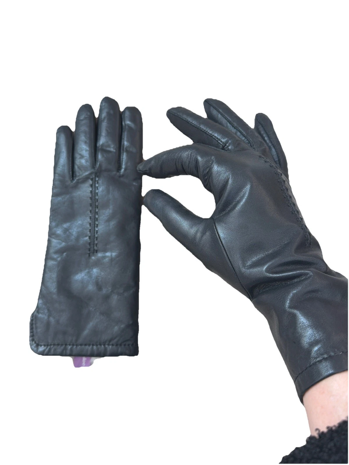 Vintage Grandoe Women’s Black Leather Gloves Fur Lined Size Medium