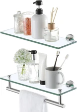 Glass Shelves for Bathroom, 16-Inch Glass Bathroom Shelf with Towel Bar 2 Pack W