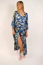 70s House Coat (M) vintage blue flora print dress medium button up maxi robe mod