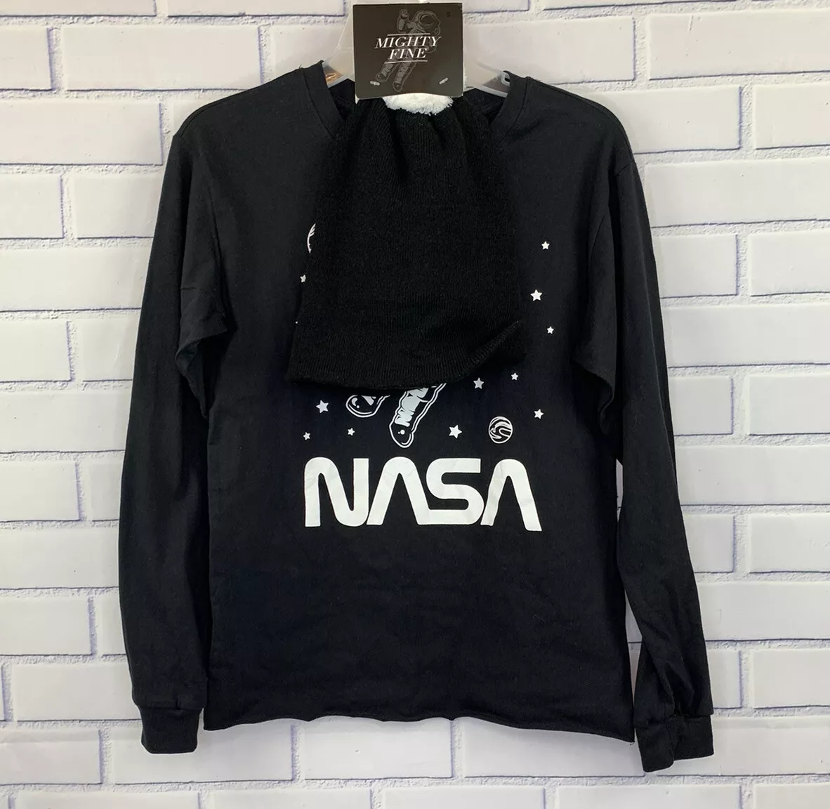 Mighty Fine Nasa Black White Sweatshirt With Beanie Hat Size