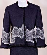ST.JOHN Women's Knit Black Metallic Silver Shimmer Fringed Print Jacket Sz 4