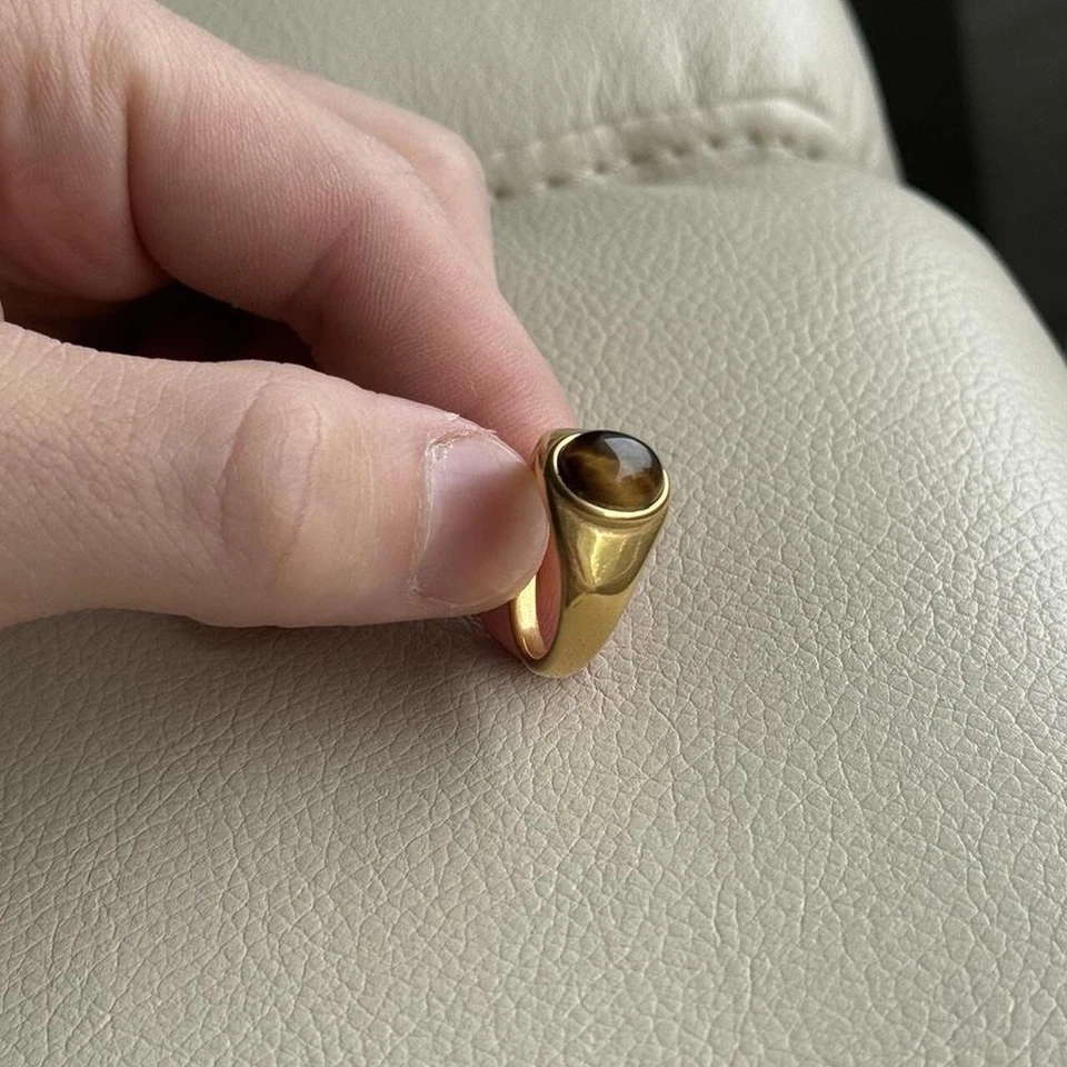 Anillo Elvis Presley Oro 18K Acero Inoxidable Marrón Ojo de Tigre Piedra Talla 10 Foto 3 de 4