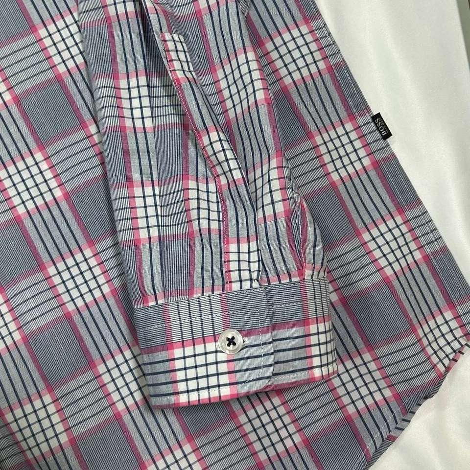 Camisa de vestir Hugo Boss para hombre gris y rosa a cuadros con botones manga larga XL Foto 4 de 4