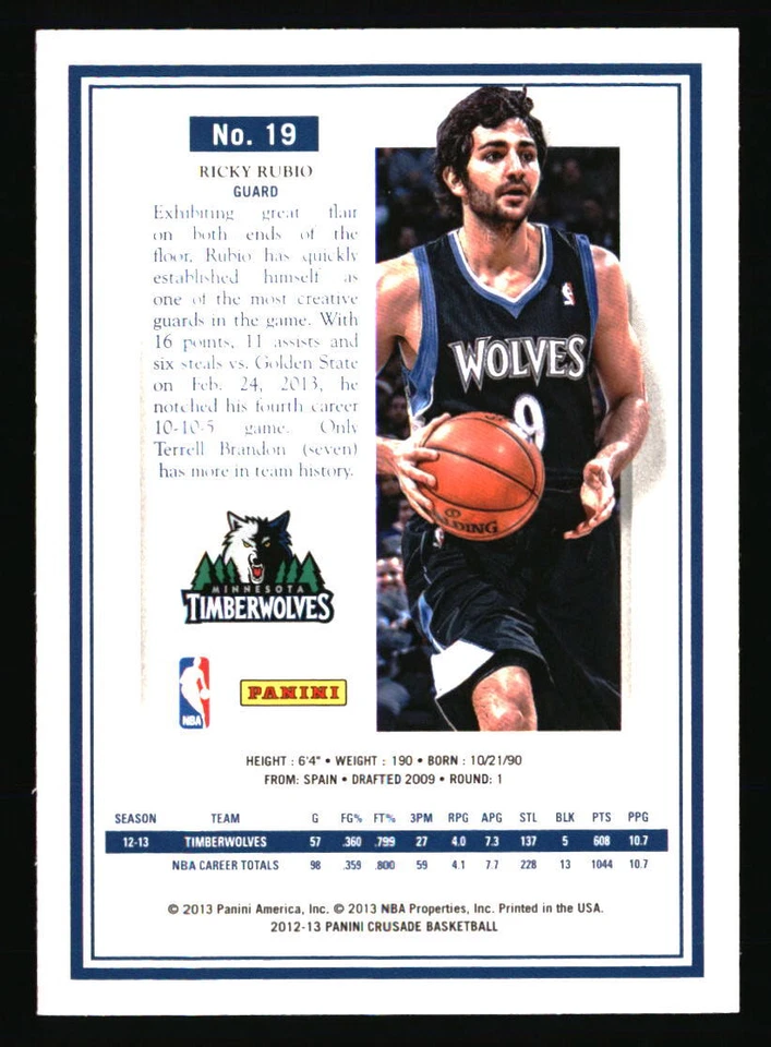 Ricky Rubio 2012-13 Panini Crusade #19 BASKETBALL Card - Image 2 of 2