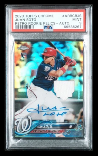 2020 topps chrome # juan soto rc; 2018 rookie patch auto 22/99  PSA 9  (JSY #’D)