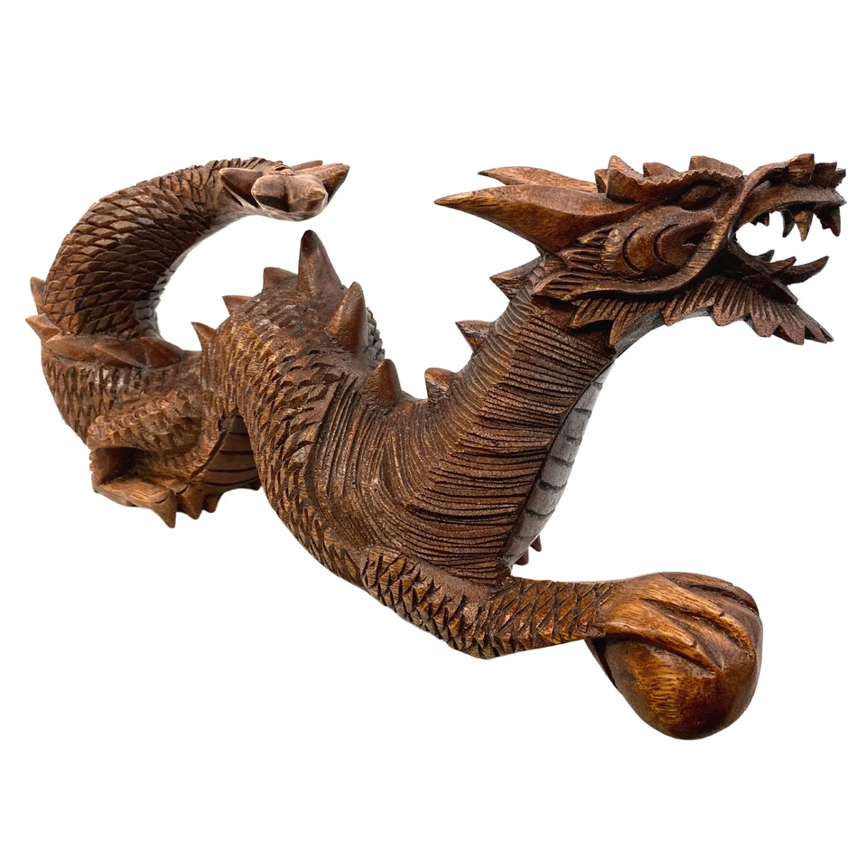 Dragon Naga Statue Wishing Pearl hand carved Suar wood Sculpture Indonesian Art - Image 3 of 4