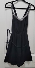 Forever 21 Black Dress Size M White Embroidery Straps with cute waist tie #200