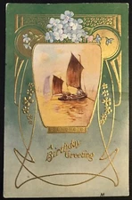 Antique Postcard A Birthday Greeting Sailboat On Water Art Scene