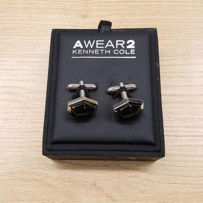 Kenneth Cole AWEAR2 Mens Cuff Links Silver Tone Black Onyx Stone
