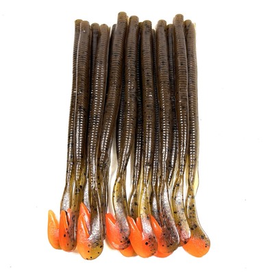 15 Hand Poured 6  Topple Tail Plastic Worm  Green Pumpkin Orange Tip 