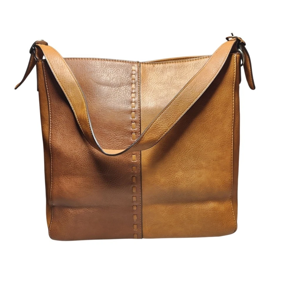 Hobo Brown Tan Faux Leather Shoulder Bag Slouchy Oversized Stitched Preppy Work - Image 2 of 4